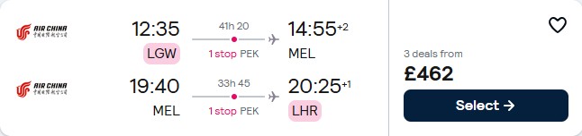 Click here to book this cheap flight deal. Cheap flights from London, UK to Melbourne or Sydney, Australia from only £462 roundtrip. Flight deal ticket image.