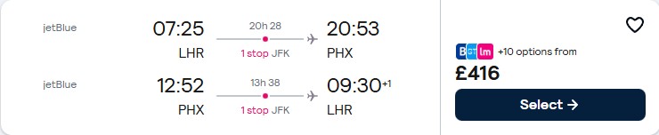 Cheap flights from London, UK to Phoenix, Arizona for only £416 roundtrip with JetBlue. Flight deal ticket image.