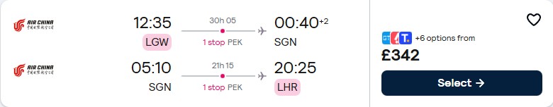 Click here to book this cheap flight deal. Cheap flights from London, UK to Ho Chi Minh City, Vietnam for only £342 roundtrip. Flight deal ticket image.
