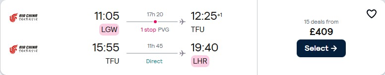 Click here to book this cheap flight deal. Cheap flights from London, UK to Chengdu, China for only £409 roundtrip. Flight deal ticket image.