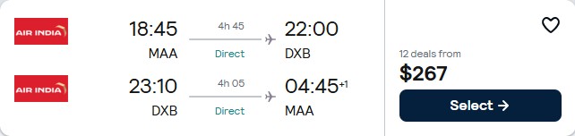 Non-stop flights from Chennai, India to Dubai, UAE for only $267 USD roundtrip. Flight deal ticket image.