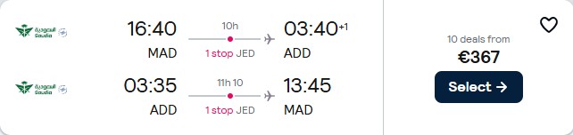 Summer flights from Madrid, Spain to Addis Ababa, Ethiopia for only €367 roundtrip. Flight deal ticket image.