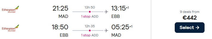 Click here to book this cheap flight deal. Cheap flights from Madrid, Spain to Entebbe, Uganda for only €442 roundtrip. Flight deal ticket image.