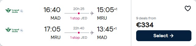 Click here to book this cheap flight deal. Cheap flights from Madrid, Spain to Mauritius for only €334 roundtrip. Flight deal ticket image.