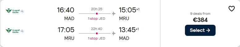 Cheap flights from Madrid, Spain to Mauritius for only €384 roundtrip. Flight deal ticket image.