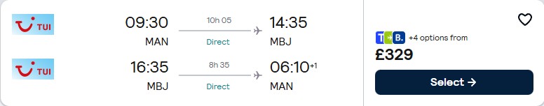 Click here to book this cheap flight deal. Non-stop flights from Manchester or Birmingham, UK to Montego Bay, Jamaica from only £329 roundtrip. Flight deal ticket image.
