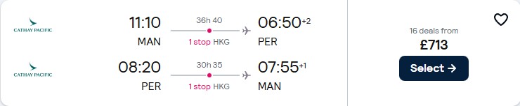 Click here to book this cheap flight deal. Cheap flights from Manchester or London, UK to Australian cities from only £713 roundtrip with Cathay Pacific. Flight deal ticket image.