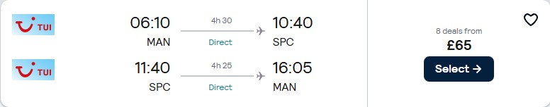 Click here to book this cheap flight deal. Non-stop flights from Manchester, UK to the Canary Islands for only £65 roundtrip. Flight deal ticket image.