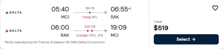 Cheap flights from US cities to Marrakesh, Morocco from only $522 roundtrip with American Airlines and British Airways. Flight deal ticket image.