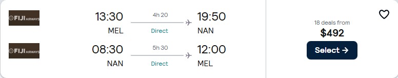 Click here to book this cheap flight deal. Non-stop flights from Australian cities to Fiji from only $492 AUD roundtrip with Fiji Airways. Flight deal ticket image.