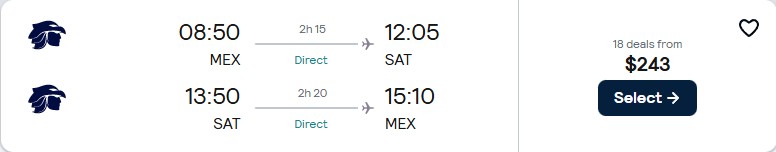 Click here to book this cheap flight deal. Non-stop flights from Mexico City, Mexico to San Antonio, Texas for only $243 USD roundtrip with Aeromexico. Flight deal ticket image.