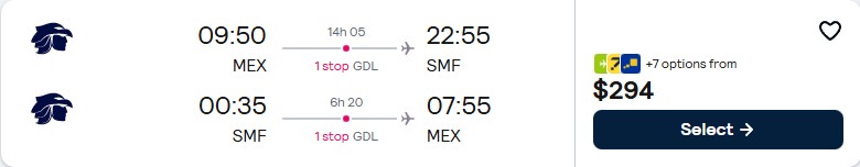 Cheap flights from Mexico City, Mexico to Sacramento, California for only $294 USD roundtrip with Aeromexico. Flight deal ticket image.