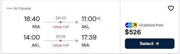 Click here to book this cheap flight deal. Cheap flights from Miami to Auckland, New Zealand for only $526 roundtrip with Air Canada. Flight deal ticket image.