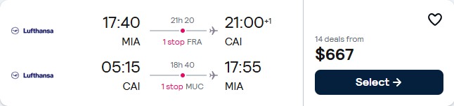 Cheap flights from Miami to Cairo, Egypt for only $667 roundtrip with Lufthansa. Flight deal ticket image.