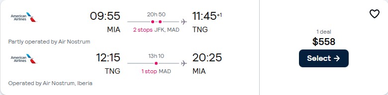 Cheap flights from Miami to Tangier, Morocco for only $558 roundtrip with American Airlines and Iberia. Flight deal ticket image.