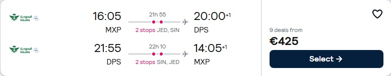 Cheap flights from Milan, Italy to Bali, Indonesia for only €425 roundtrip. Flight deal ticket image.