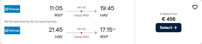Cheap flights from Milan, Italy to Havana, Cuba for only €456 roundtrip with Air Europa. Flight deal ticket image.