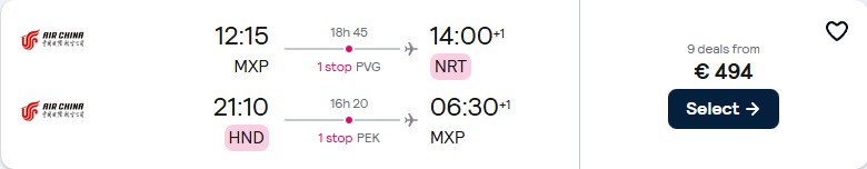 Cheap flights from Milan, Italy to Tokyo, Japan for only €494 roundtrip. Flight deal ticket image.