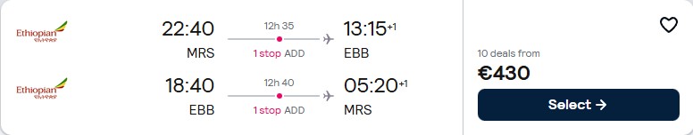 Click here to book this cheap flight deal. Cheap flights from French cities to Entebbe, Uganda from only €430 roundtrip. Flight deal ticket image.