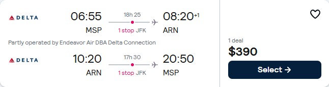 Cheap flights from Minneapolis to Stockholm, Sweden for only $390 roundtrip with Delta Air Lines. Flight deal ticket image.