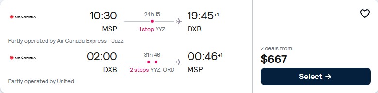 Click here to book this cheap flight deal. Cheap flights from Minneapolis to Dubai, UAE for only $667 roundtrip with Air Canada and United Airlines. Flight deal ticket image.