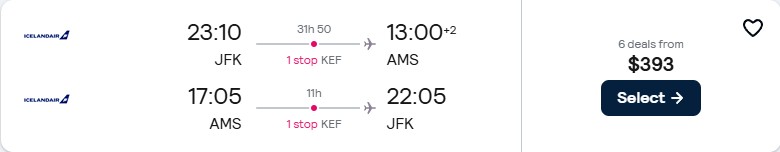 Click here to book this cheap flight deal. Cheap flights from New York to Amsterdam, Netherlands for only $393 roundtrip. Flight deal ticket image.
