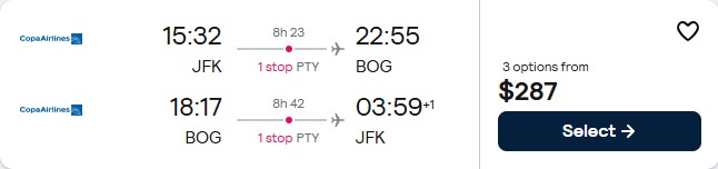 Cheap flights from New York to Bogota, Colombia for only $287 roundtrip with Copa Airlines. Flight deal ticket image.