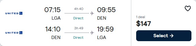 Click here to book this cheap flight deal. Non-stop flights from New York to Denver, Colorado for only $147 roundtrip with United Airlines. Also works in reverse. Flight deal ticket image.