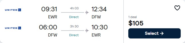 Click here to book this cheap flight deal. Non-stop, summer flights from New York to Dallas, Texas for only $105 roundtrip with United Airlines. Also works in reverse. Flight deal ticket image.
