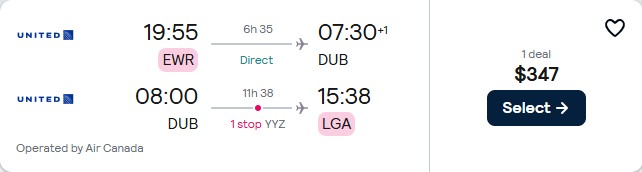 Click here to book this cheap flight deal. Summer flights from New York to Dublin, Ireland for only $347 roundtrip with United Airlines and Air Canada. Flight deal ticket image.