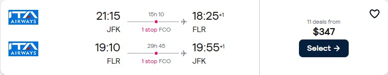 Cheap flights from New York to Florence, Italy for only $347 roundtrip. Flight deal ticket image.