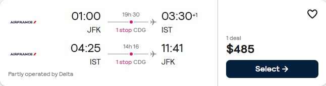 Cheap flights from New York to Istanbul, Turkey for only $485 roundtrip with Air France and Delta Air Lines. Flight deal ticket image.