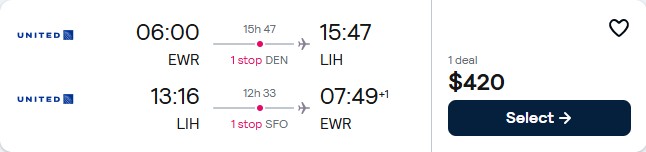 Cheap flights from New York to Lihue, Hawaii for only $420 roundtrip with United Airlines. Also works in reverse. Flight deal ticket image.