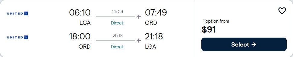 Non-stop flights from New York to Chicago for only $91 roundtrip with United Airlines. Also works in reverse. Flight deal ticket image.