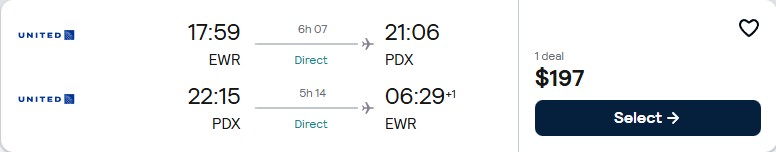 Non-stop flights from New York to Portland, Oregon for only $197 roundtrip with United Airlines. Also works in reverse. Flight deal ticket image.