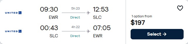 Click here to book this cheap flight deal. Non-stop flights from New York to Salt Lake City, Utah for only $197 roundtrip with United Airlines. Also works in reverse. Flight deal ticket image.