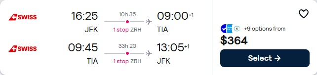 Click here to book this cheap flight deal. Cheap flights from New York to Tirana, Albania for only $364 roundtrip with Swiss International Air Lines. Flight deal ticket image.