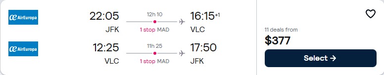 Click here to book this cheap flight deal. Cheap flights from New York to Valencia, Spain for only $377 roundtrip with Air Europa. Flight deal ticket image.