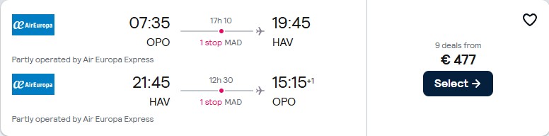 Cheap flights from Porto or Lisbon, Portugal to Havana, Cuba from only €477 roundtrip with Air Europa. Flight deal ticket image.