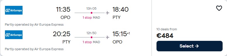 Click here to book this cheap flight deal. Cheap flights from Porto or Lisbon, Portugal to Panama City, Panama from only €486 roundtrip with Air Europa. Flight deal ticket image.