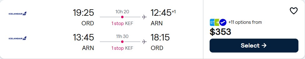 Click here to book this cheap flight deal. Cheap flights from Chicago to Stockholm, Sweden for only $353 roundtrip. Flight deal ticket image.