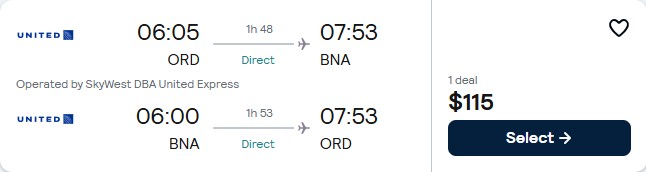 Non-stop flights from Chicago to Nashville for only $115 roundtrip with United Airlines. Also works in reverse. Flight deal ticket image.