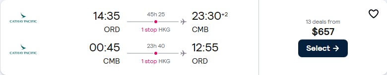 Cheap flights from Chicago to Colombo, Sri Lanka for only $657 roundtrip with Cathay Pacific. Flight deal ticket image.
