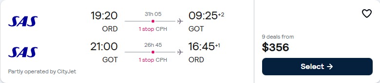 Cheap flights from Chicago to Gothenburg or Stockholm, Sweden from only $356 roundtrip with Scandinavian Airlines. Flight deal ticket image.