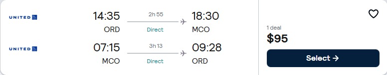 Click here to book this cheap flight deal. Non-stop flights from Chicago to Orlando, Florida for only $95 roundtrip with United Airlines. Also works in reverse. Flight deal ticket image.