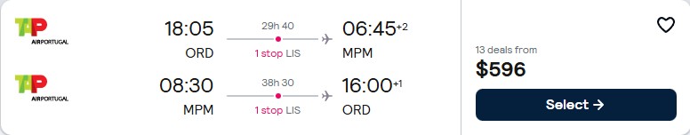Cheap flights from Chicago to Maputo, Mozambique for only $596 roundtrip with TAP Air Portugal. Flight deal ticket image.