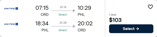 Non-stop flights from Chicago to Philadelphia for only $103 roundtrip with United Airlines. Also works in reverse. Flight deal ticket image.