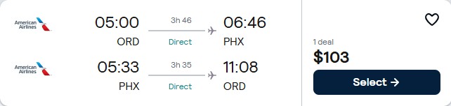 Click here to book this cheap flight deal. Non-stop, summer flights from Chicago to Phoenix, Arizona for only $103 roundtrip with American Airlines. Also works in reverse. Flight deal ticket image.