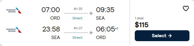 Click here to book this cheap flight deal. Non-stop, summer flights from Chicago to Seattle for only $115 roundtrip with American Airlines. Also works in reverse. Flight deal ticket image.