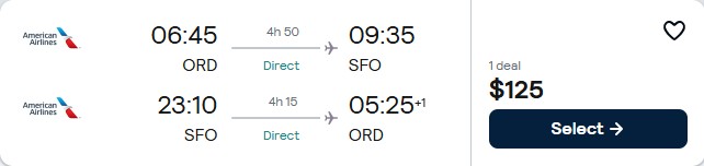 Non-stop, summer flights from Chicago to San Francisco for only $125 roundtrip with American Airlines. Also works in reverse. Flight deal ticket image.